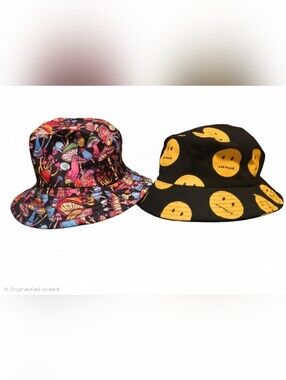 2 Bucket Hats - Black Mushroom and Yellow Smiley